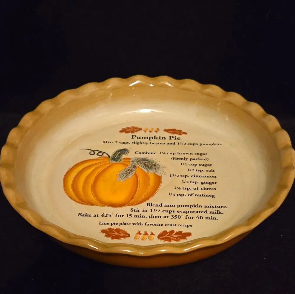Harvest Ceramic Pumpkin Pie Recipe Plate Fluted Scalloped Edge Baking Dish 10